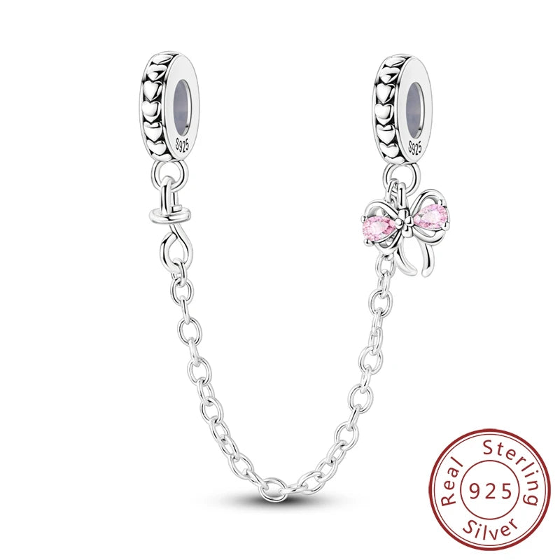 Silver Bow Charms 925 Sterling Silver Pink Heart-shaped Bow Pendants Charms Beads Fit Original S925 Bangle Bracelets DIY Jewelry