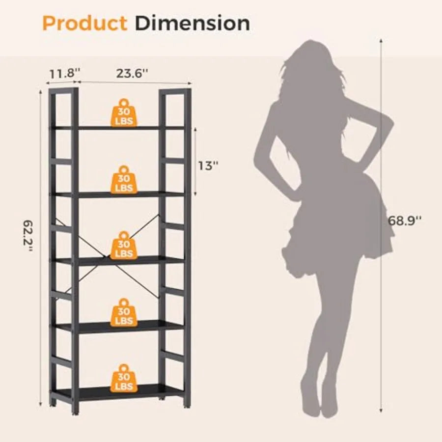 5-Tier Bookshelf, Modern Tall Bookcase, Open Storage Display Shelf for Living Room, Bedroom, Home Office, Narrow Standing Shelv
