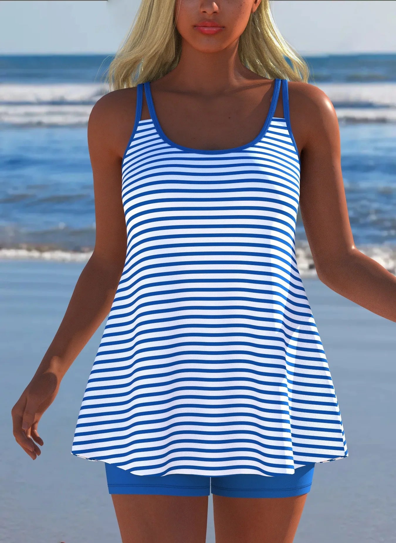 Black White Print Tankini Sleeveless Flared Hem Tankini Top High Stretch Swim Tank Gradient Adjustable Straps Two Piece Swim Top