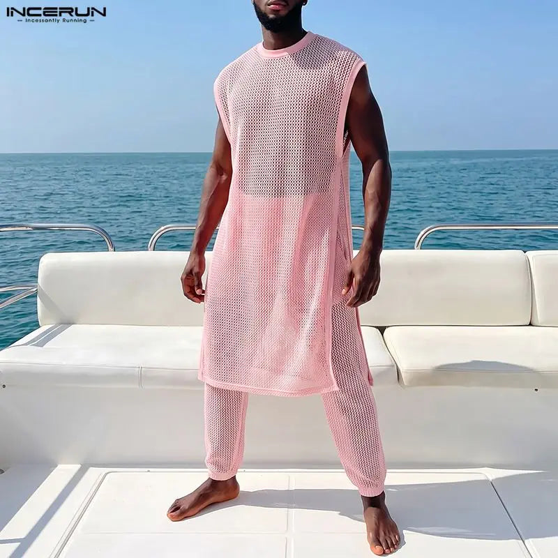 INCERUN Men Sets Mesh See Through Sleeveless Irregular Vests Pants Two Piece Sets Streetwear Sexy 2026 Fashion Men Matching Sets