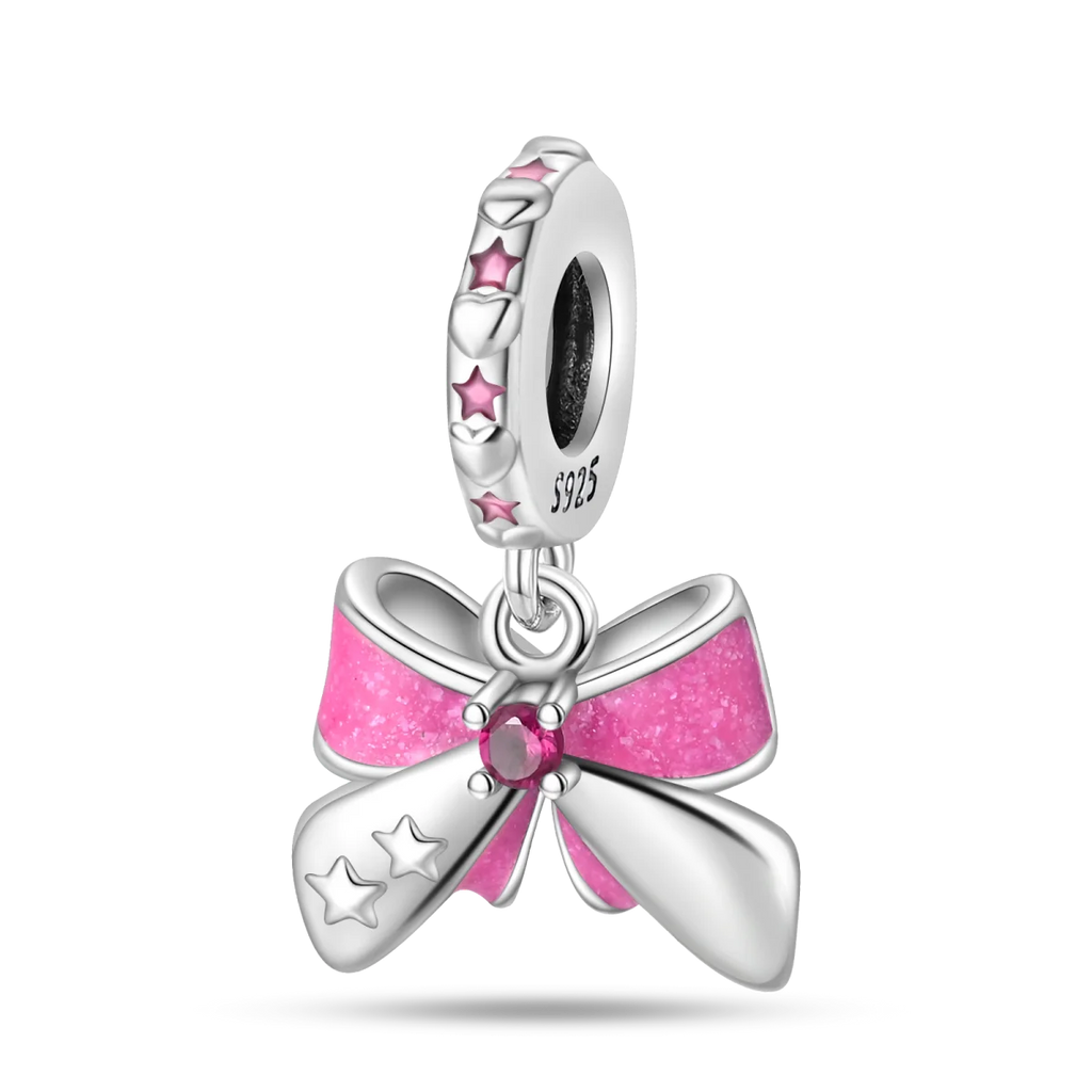 Silver Bow Charms 925 Sterling Silver Pink Heart-shaped Bow Pendants Charms Beads Fit Original S925 Bangle Bracelets DIY Jewelry
