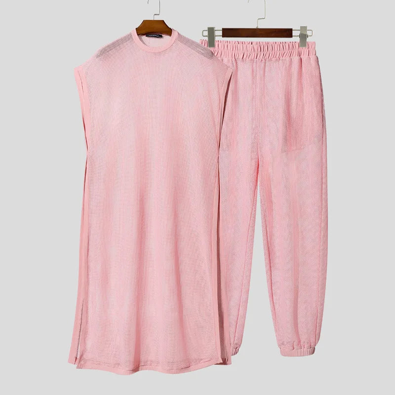 INCERUN Men Sets Mesh See Through Sleeveless Irregular Vests Pants Two Piece Sets Streetwear Sexy 2026 Fashion Men Matching Sets