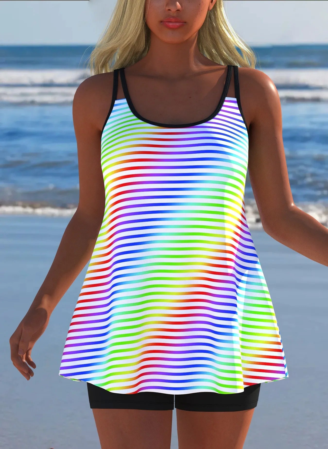 Black White Print Tankini Sleeveless Flared Hem Tankini Top High Stretch Swim Tank Gradient Adjustable Straps Two Piece Swim Top