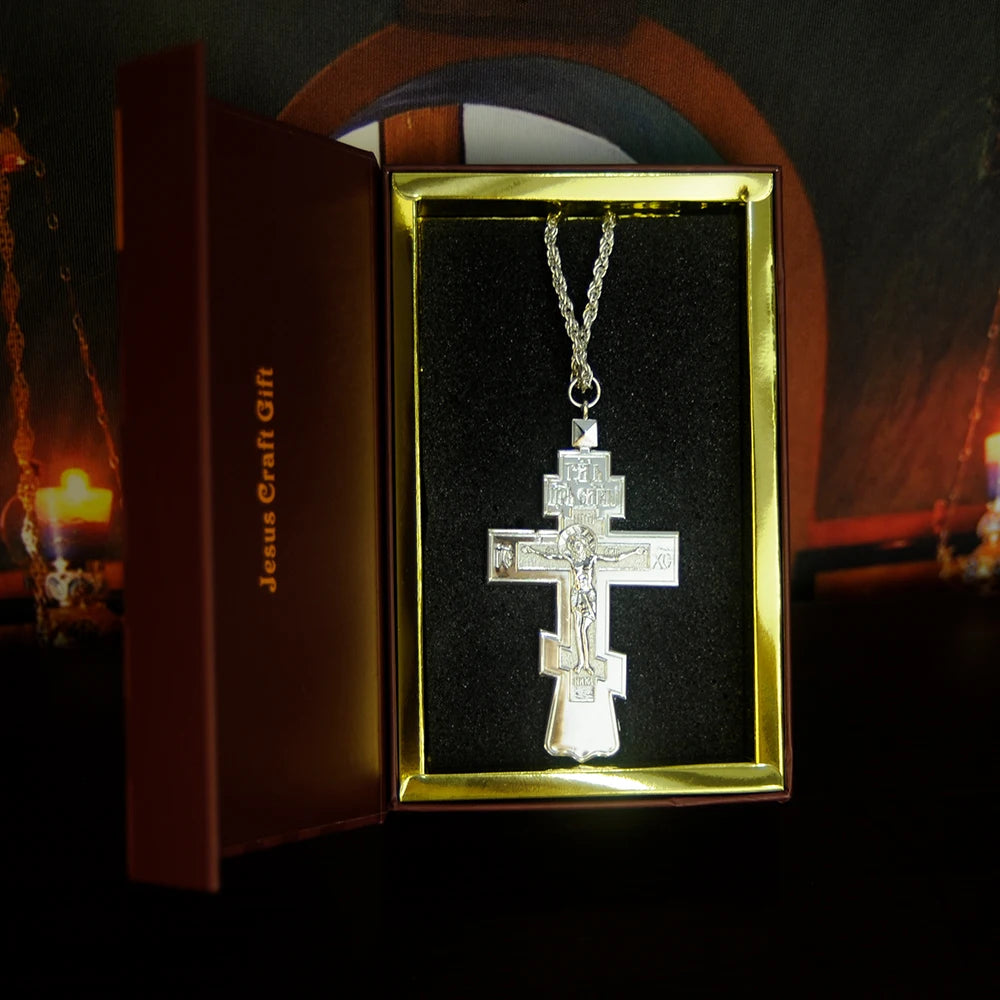 New Orthodox Cross Necklace Pendant 3D Holy Crucifix Jesus Engraved Gold Silver Large Religious Jewelry Chain Men Prayer Gift