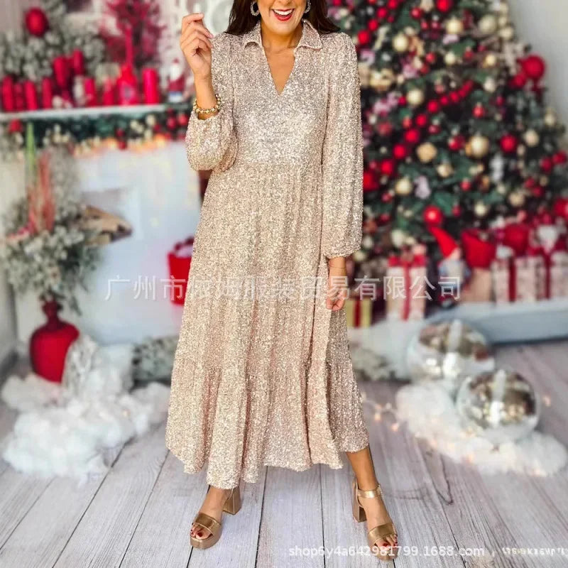 Vneck Long-sleeved Hem A-shaped Printing Loose Formal Party Frauen Bekleidung Lange Kleider Vestidos Para Mujer Elegantes