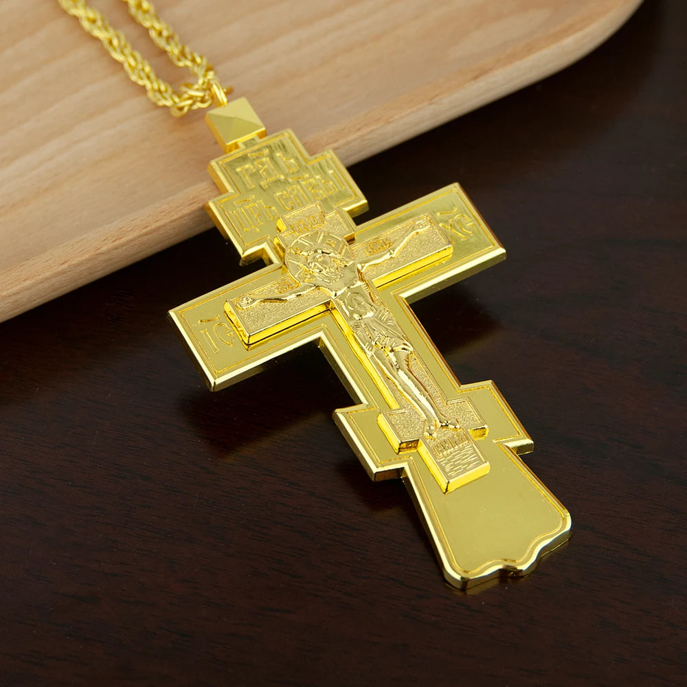 New Orthodox Cross Necklace Pendant 3D Holy Crucifix Jesus Engraved Gold Silver Large Religious Jewelry Chain Men Prayer Gift