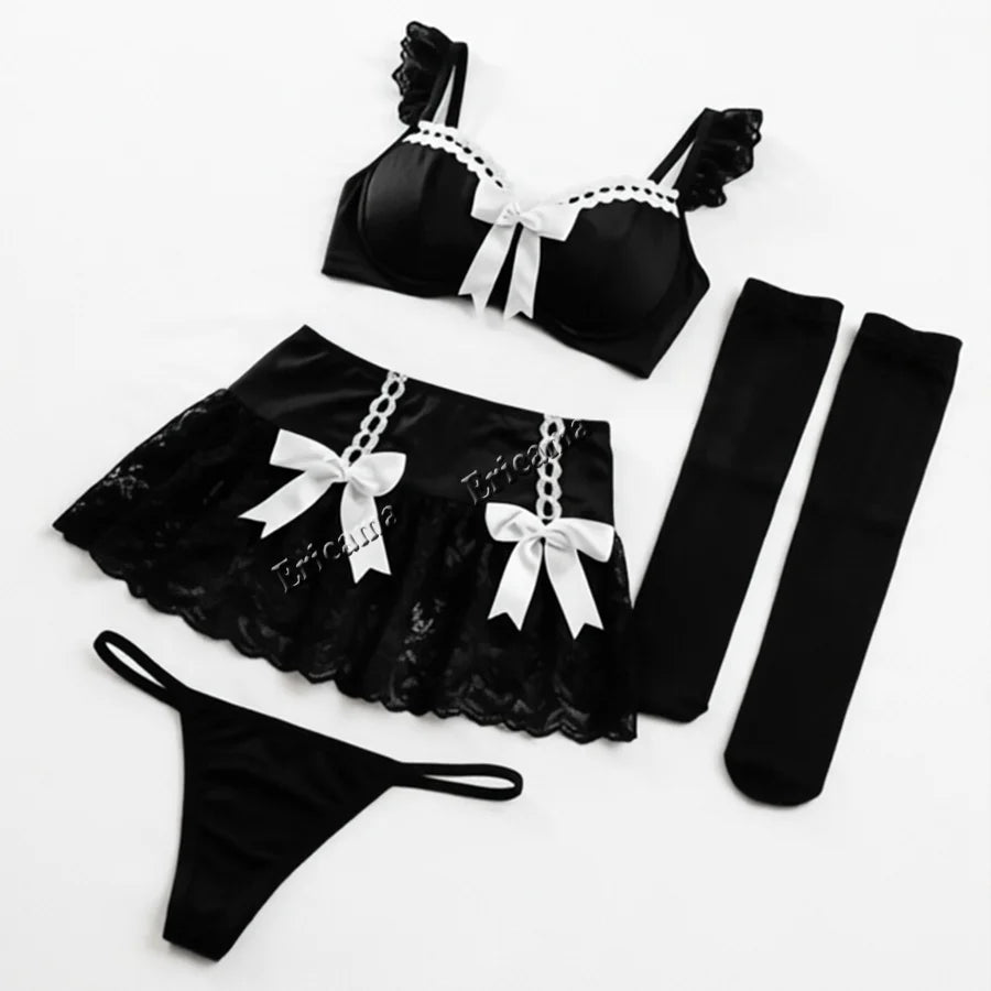 Black Sexy Lingerie Woman Porno Sex Underwear Sexy Bra Set And  Mini Dress Uniform Lingerie Erotic Underwear Babydoll Costumes