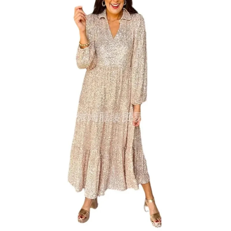 Vneck Long-sleeved Hem A-shaped Printing Loose Formal Party Frauen Bekleidung Lange Kleider Vestidos Para Mujer Elegantes