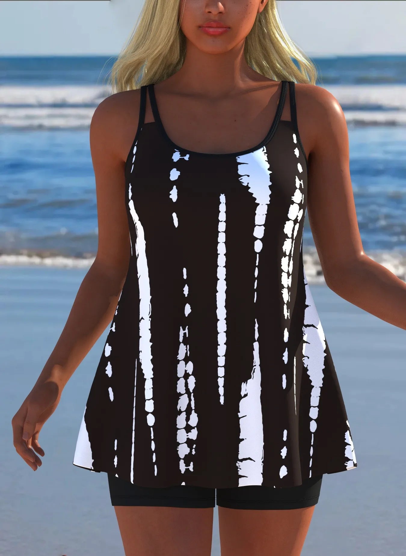 Black White Print Tankini Sleeveless Flared Hem Tankini Top High Stretch Swim Tank Gradient Adjustable Straps Two Piece Swim Top