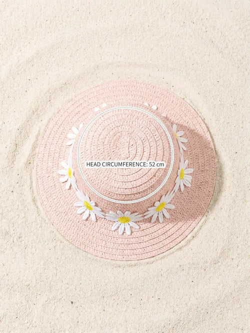 1Pc 1-5Y Girls Pink Straw Hat With Daisy Pattern Breathable Sun Hat For Beach Outdoor Sports Holiday Casual Daily Wear