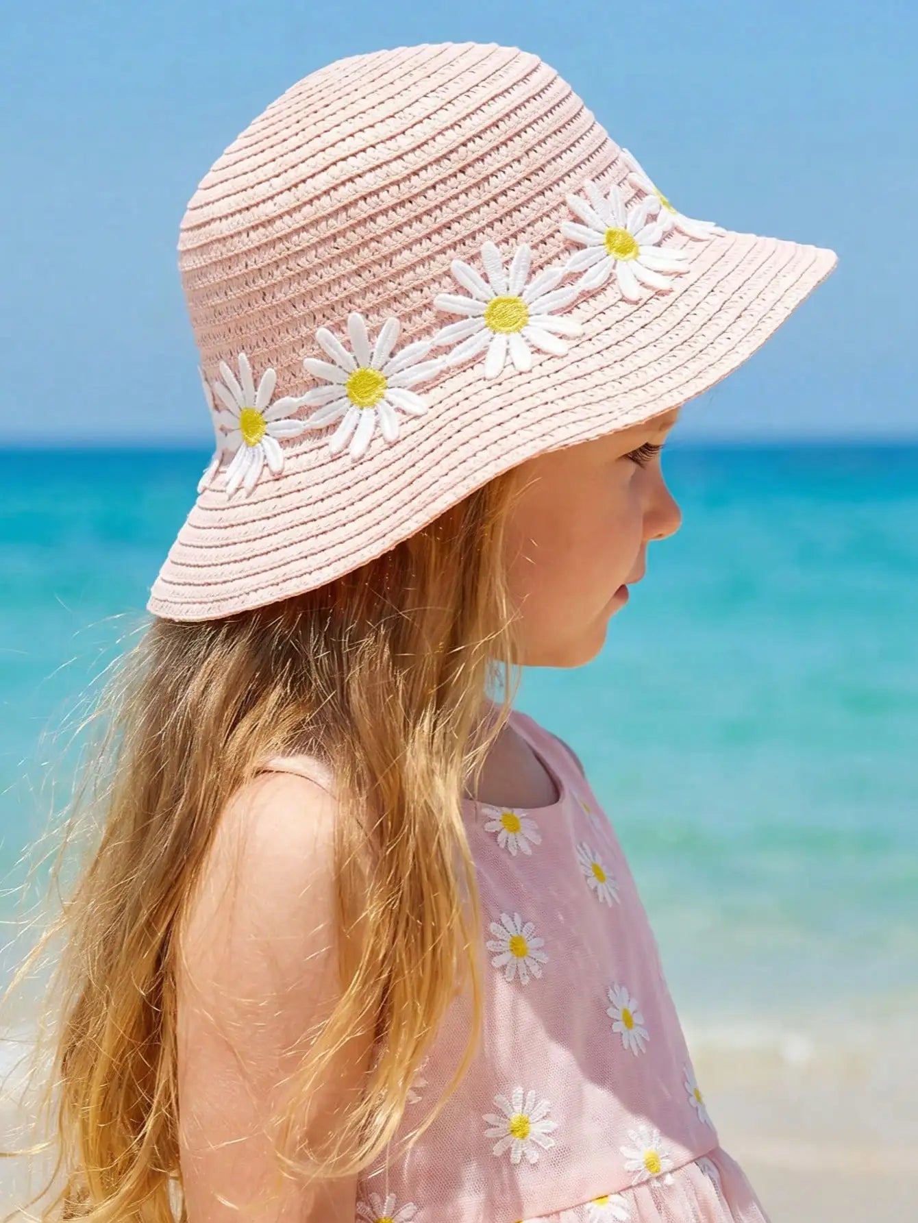 1Pc 1-5Y Girls Pink Straw Hat With Daisy Pattern Breathable Sun Hat For Beach Outdoor Sports Holiday Casual Daily Wear