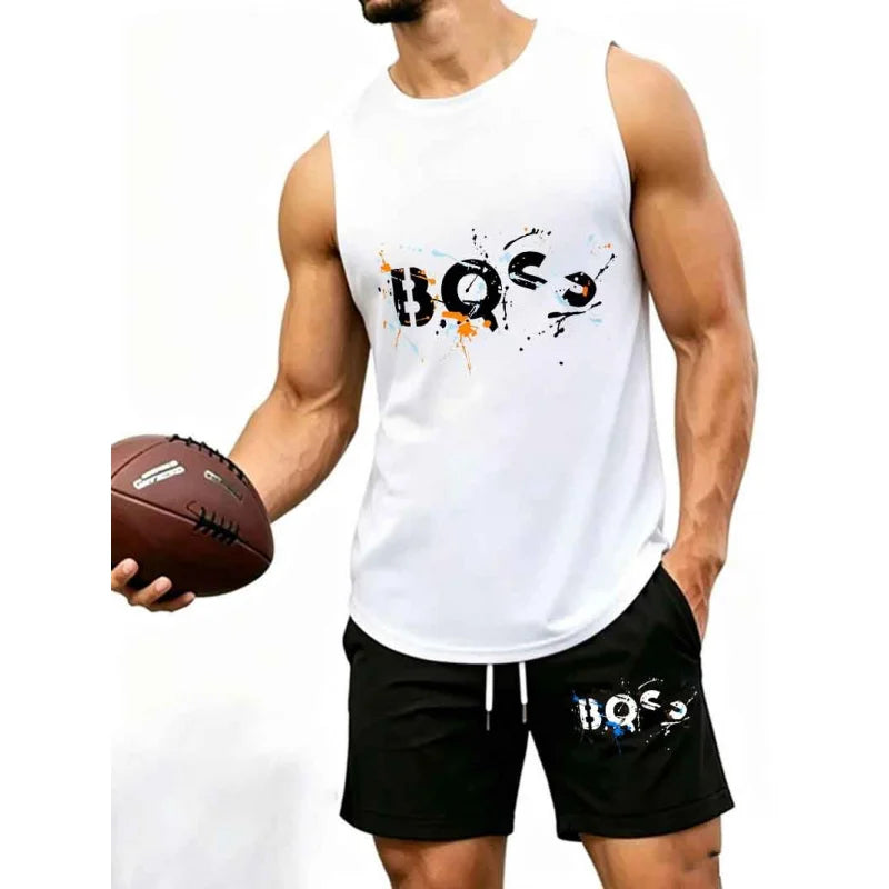 Men's  Graffiti Letter Print 2-Piece Tracksuit, Sleeveless Muscle Tank Top with Drawstring Shorts, Casual Urban Sportswear