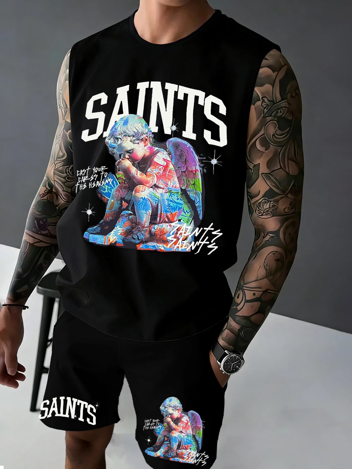 Men's Printed Sleeveless Tank Top and Shorts Set: Casual, Sports, and Leisure Summer Outfits