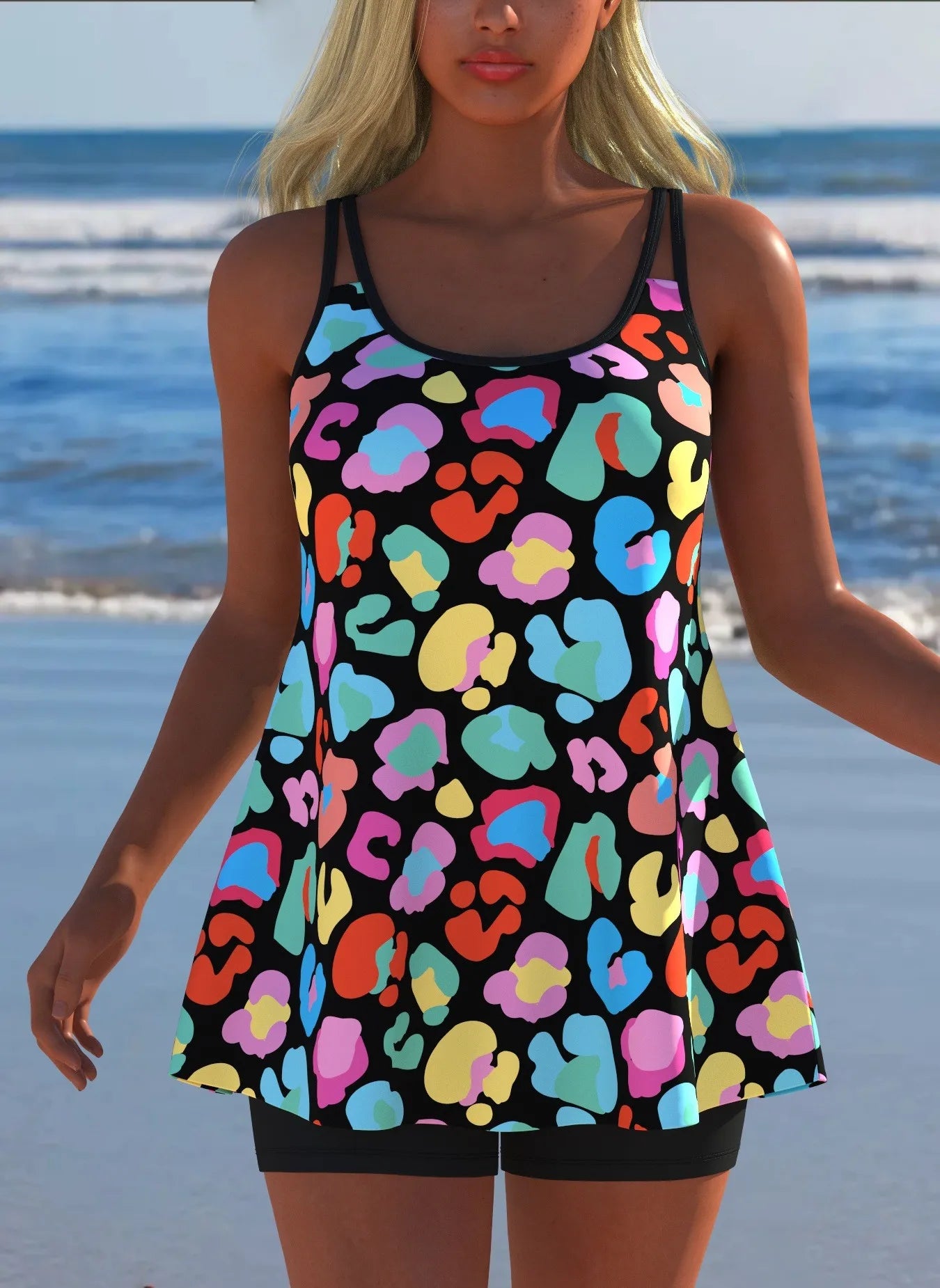 Black White Print Tankini Sleeveless Flared Hem Tankini Top High Stretch Swim Tank Gradient Adjustable Straps Two Piece Swim Top
