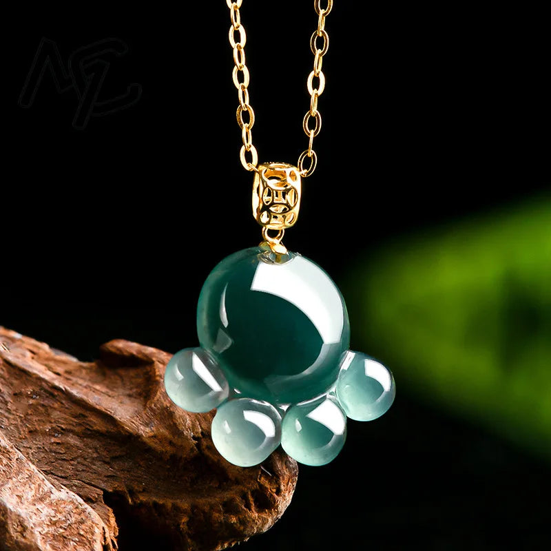 Natural Real Emerald Blue Water Jade Cat's Paw Pendant Necklace Carved Jadeite Jewelry Fashion Amulet Gifts Certificate Women