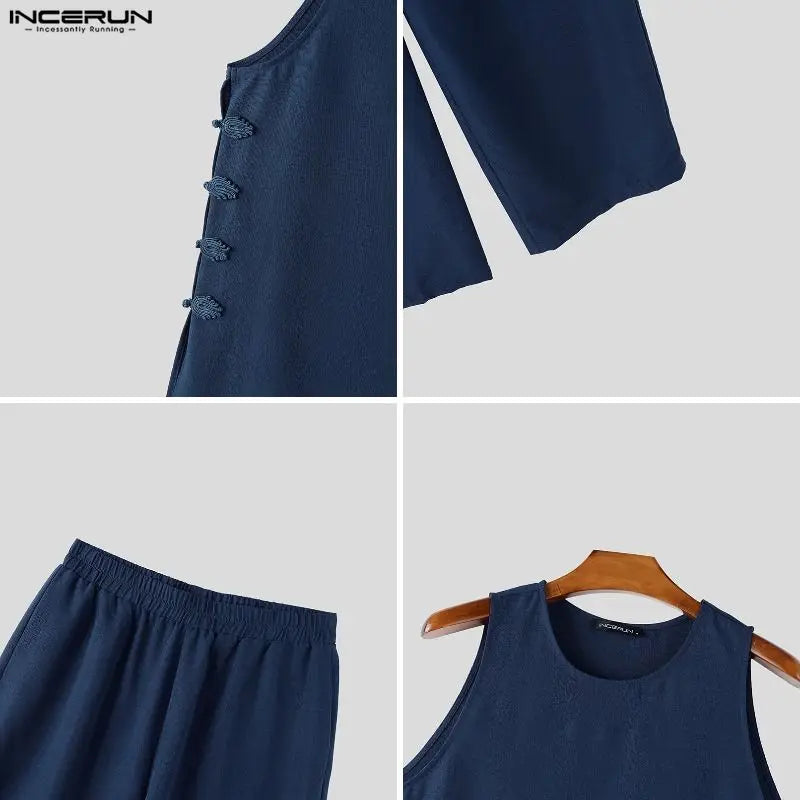 INCERUN Men's Sets Solid Vintage Streetwear Loose Sleeveless Tank Tops Pants Two Piece Sets 2026 Summer Casual Men Matching Sets