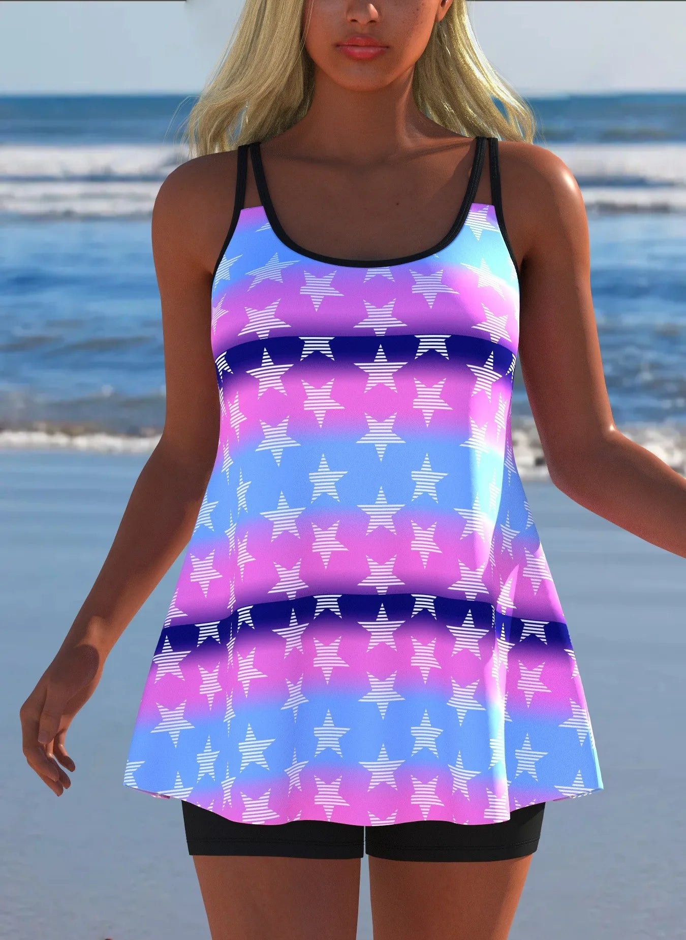 Black White Print Tankini Sleeveless Flared Hem Tankini Top High Stretch Swim Tank Gradient Adjustable Straps Two Piece Swim Top
