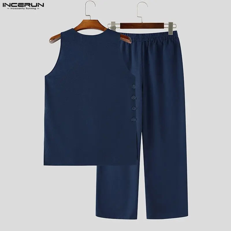INCERUN Men's Sets Solid Vintage Streetwear Loose Sleeveless Tank Tops Pants Two Piece Sets 2026 Summer Casual Men Matching Sets
