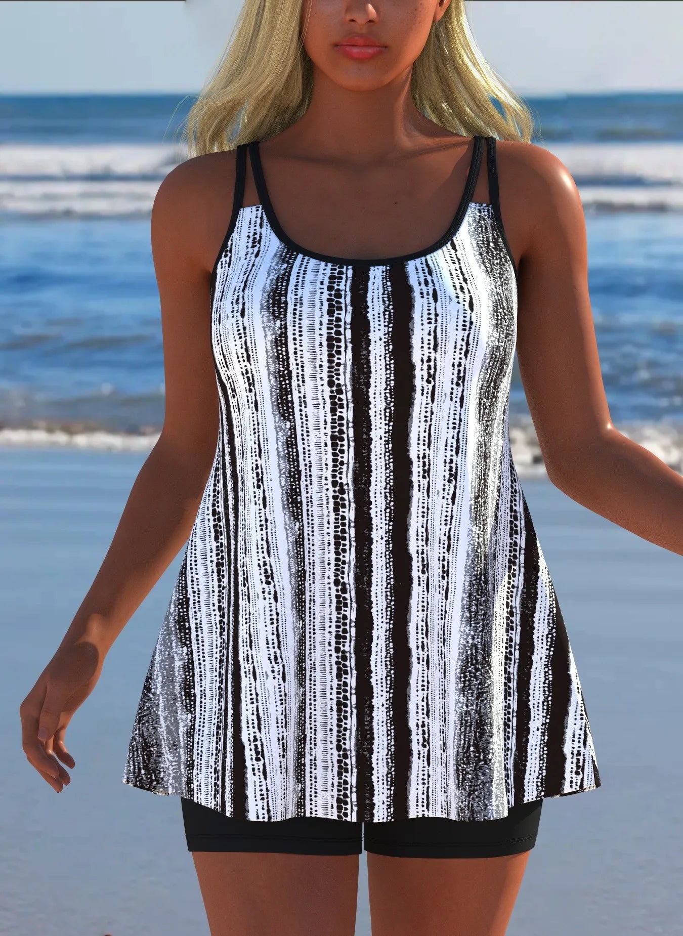 Black White Print Tankini Sleeveless Flared Hem Tankini Top High Stretch Swim Tank Gradient Adjustable Straps Two Piece Swim Top