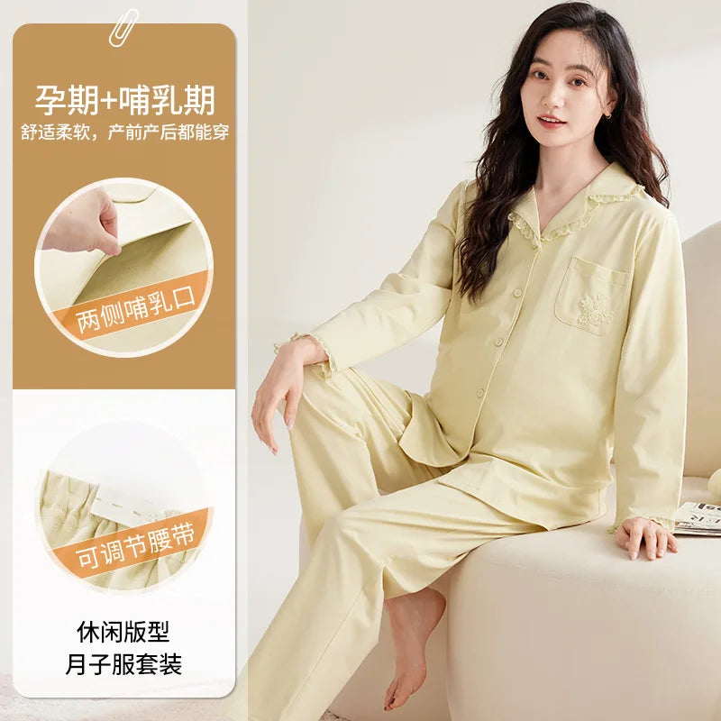 Maternity Women Pajamas Set Pregnant Pure Cotton Breastfeeding Loungewear Sweet Long Sleeve Trousers Cardigan 2 Piece Set Pjs