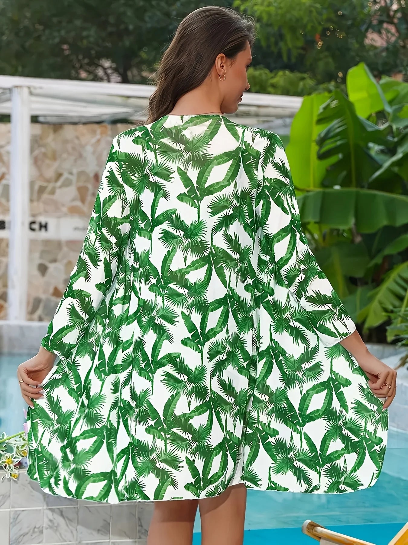 2026 New Green Leaf Print Swimwear Set, Ruched Cami + Shorts + Sun Protection Kimono