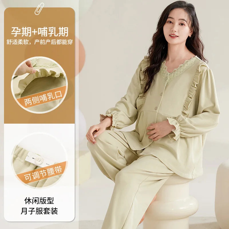 Maternity Women Pajamas Set Pregnant Pure Cotton Breastfeeding Loungewear Sweet Long Sleeve Trousers Cardigan 2 Piece Set Pjs