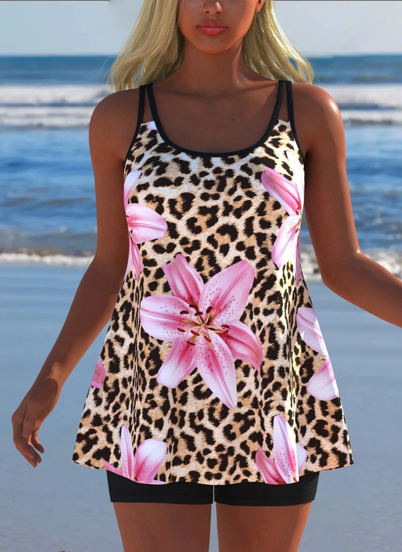 Black White Print Tankini Sleeveless Flared Hem Tankini Top High Stretch Swim Tank Gradient Adjustable Straps Two Piece Swim Top