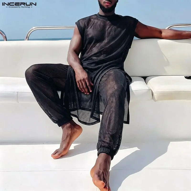 INCERUN Men Sets Mesh See Through Sleeveless Irregular Vests Pants Two Piece Sets Streetwear Sexy 2026 Fashion Men Matching Sets