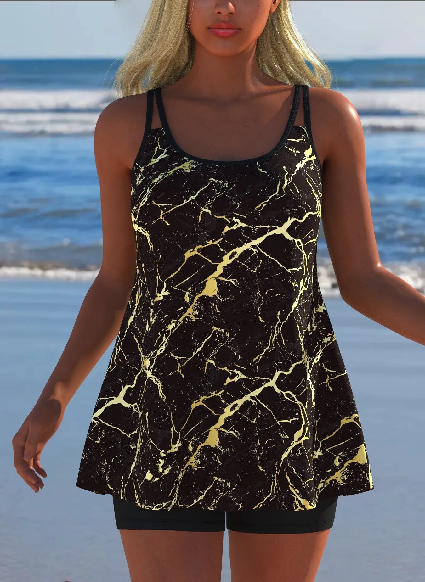 Black White Print Tankini Sleeveless Flared Hem Tankini Top High Stretch Swim Tank Gradient Adjustable Straps Two Piece Swim Top