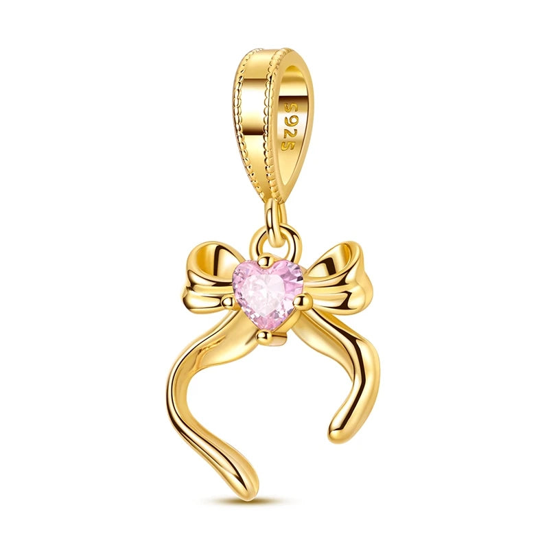 Silver Bow Charms 925 Sterling Silver Pink Heart-shaped Bow Pendants Charms Beads Fit Original S925 Bangle Bracelets DIY Jewelry