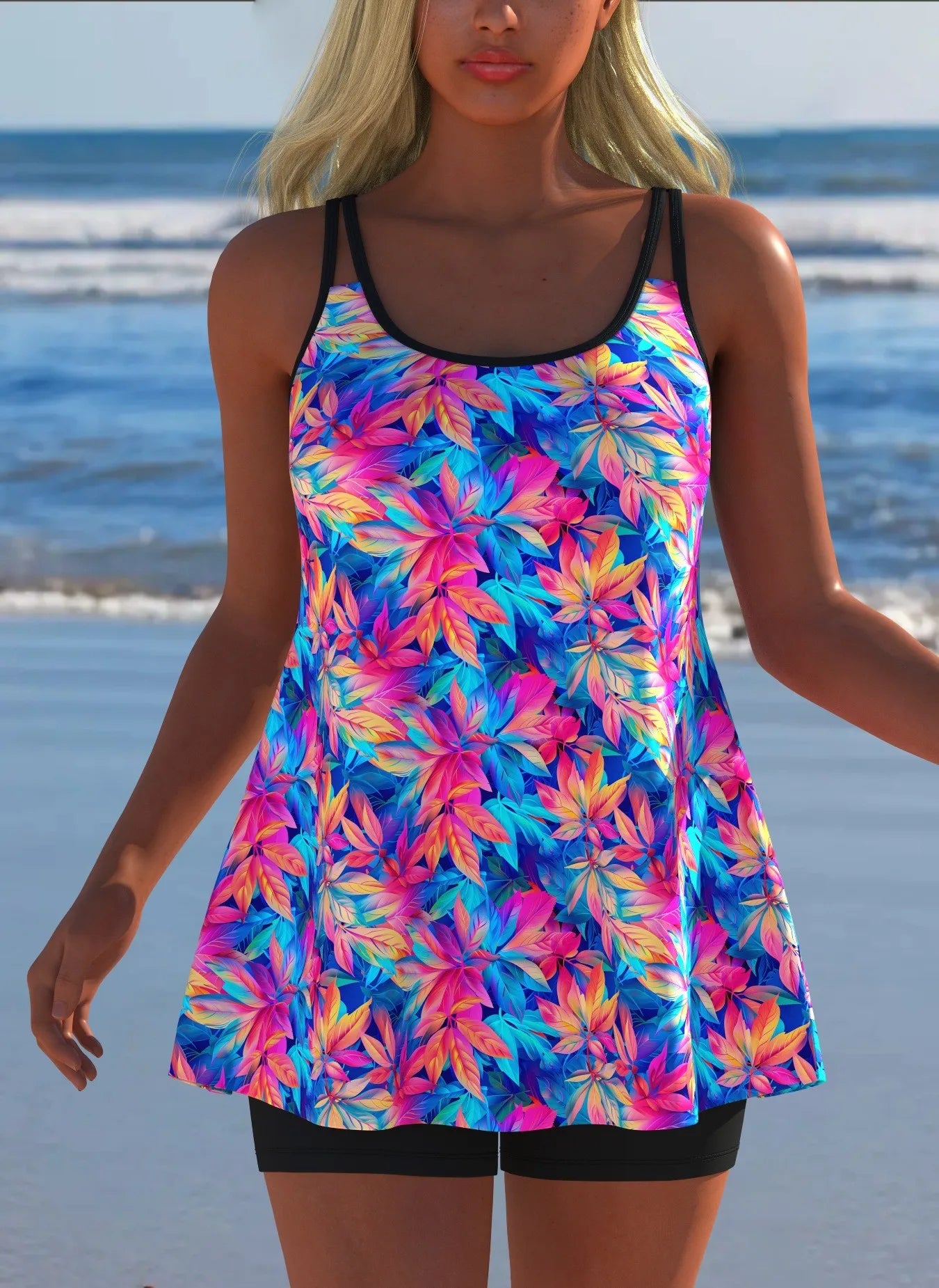 Black White Print Tankini Sleeveless Flared Hem Tankini Top High Stretch Swim Tank Gradient Adjustable Straps Two Piece Swim Top