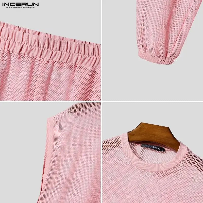 INCERUN Men Sets Mesh See Through Sleeveless Irregular Vests Pants Two Piece Sets Streetwear Sexy 2026 Fashion Men Matching Sets