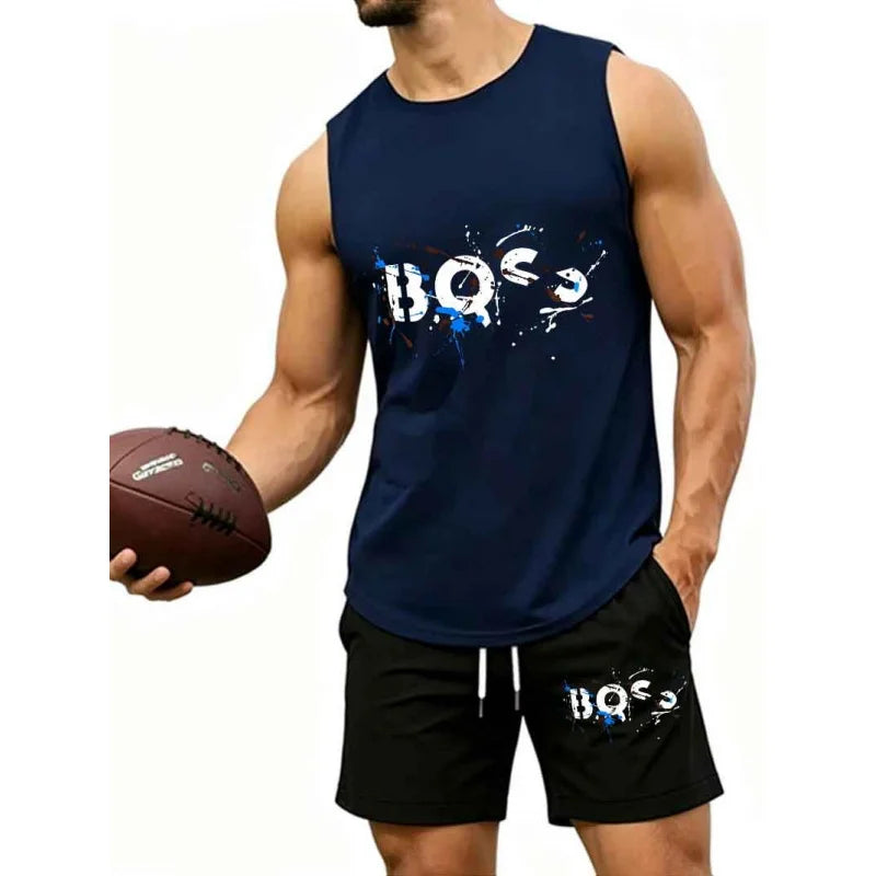 Men's  Graffiti Letter Print 2-Piece Tracksuit, Sleeveless Muscle Tank Top with Drawstring Shorts, Casual Urban Sportswear