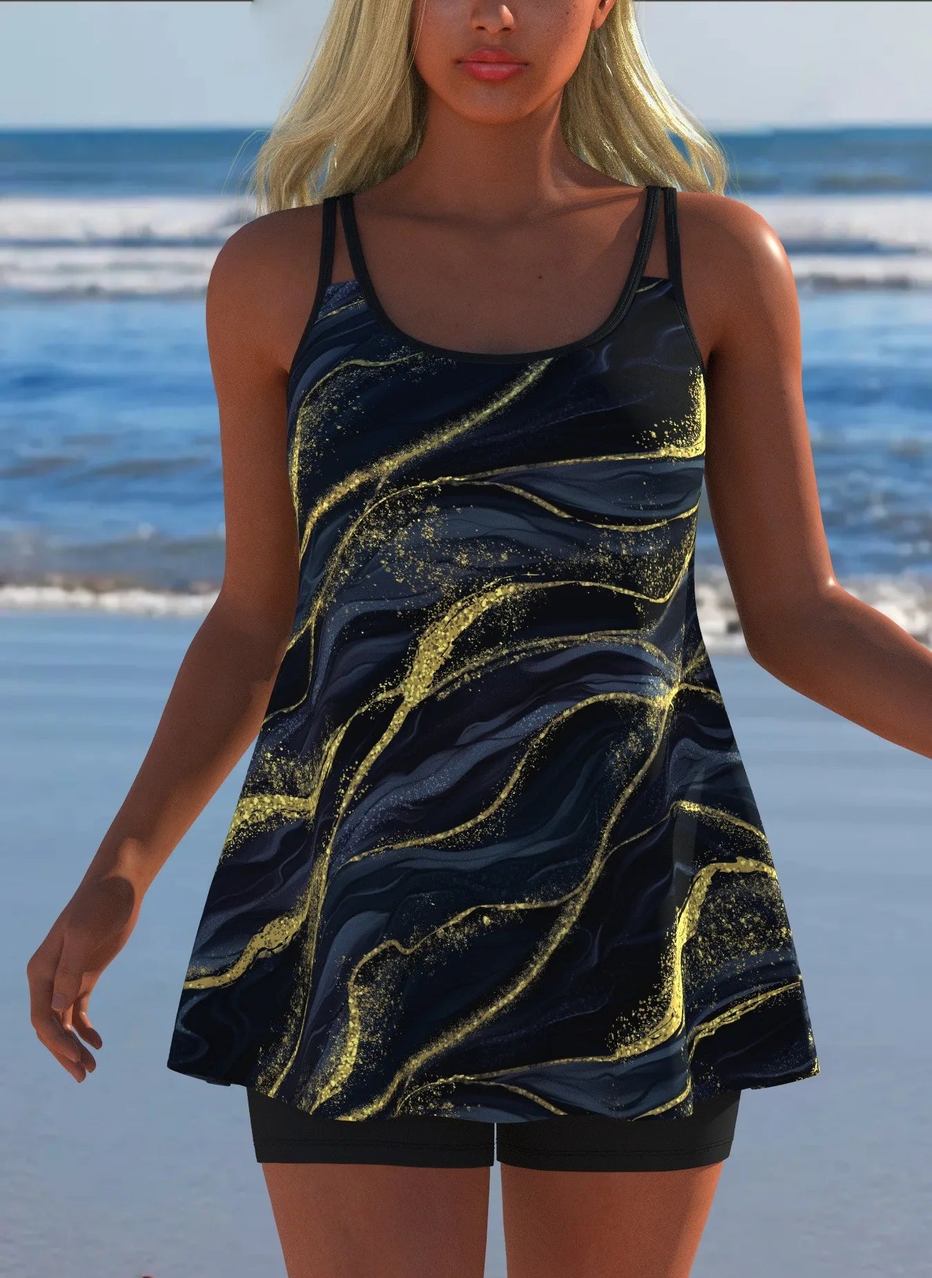 Black White Print Tankini Sleeveless Flared Hem Tankini Top High Stretch Swim Tank Gradient Adjustable Straps Two Piece Swim Top