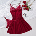 Wine Red Floral Lace Babydoll Set Women Double Strap Sheer Mesh Night Dress With Thong Romantic Ladies Sleepwear ZA825096