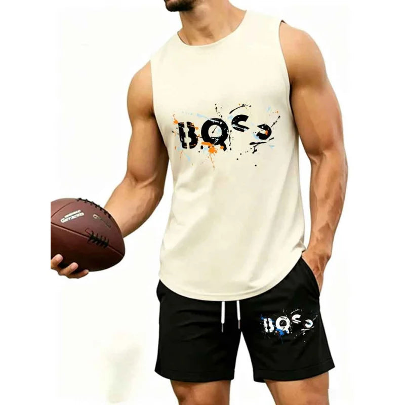 Men's  Graffiti Letter Print 2-Piece Tracksuit, Sleeveless Muscle Tank Top with Drawstring Shorts, Casual Urban Sportswear