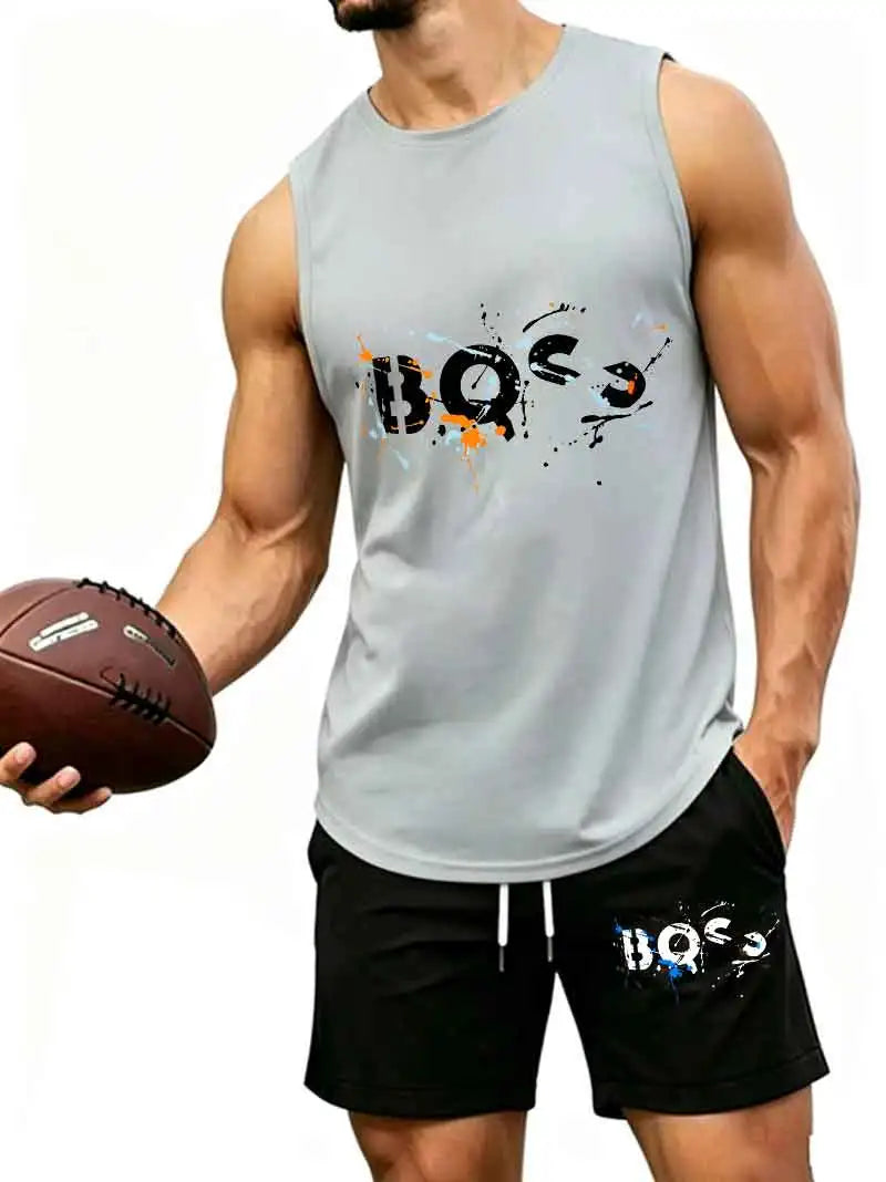 Men's  Graffiti Letter Print 2-Piece Tracksuit, Sleeveless Muscle Tank Top with Drawstring Shorts, Casual Urban Sportswear