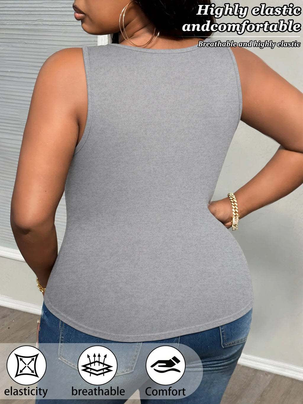 3-Pack Plus Size Lace V-Neck Vests, Wide Strap Slim Ribbed Undershirts, Women's Casual Sleeveless Tops