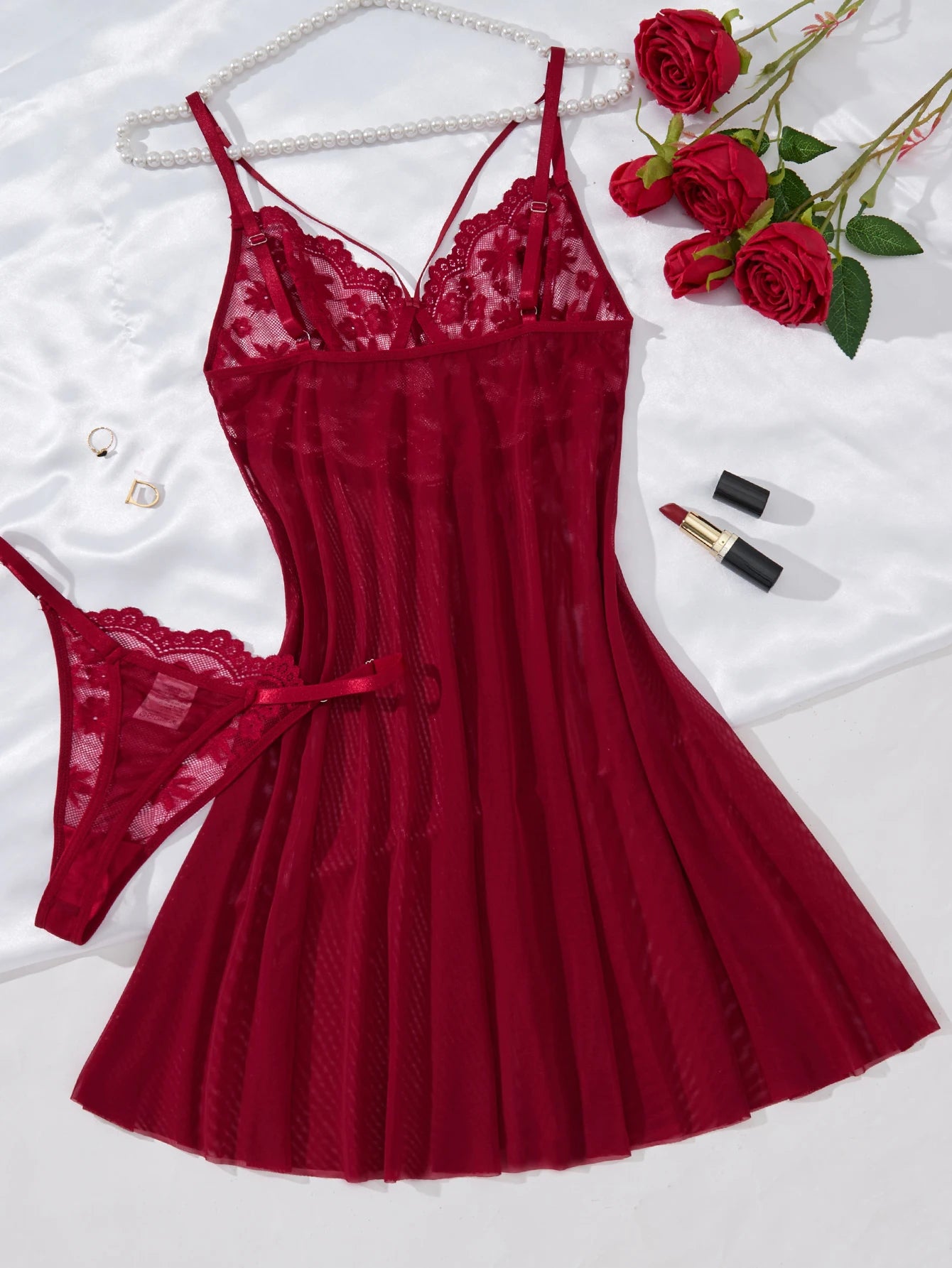 Wine Red Floral Lace Babydoll Set Women Double Strap Sheer Mesh Night Dress With Thong Romantic Ladies Sleepwear ZA825096