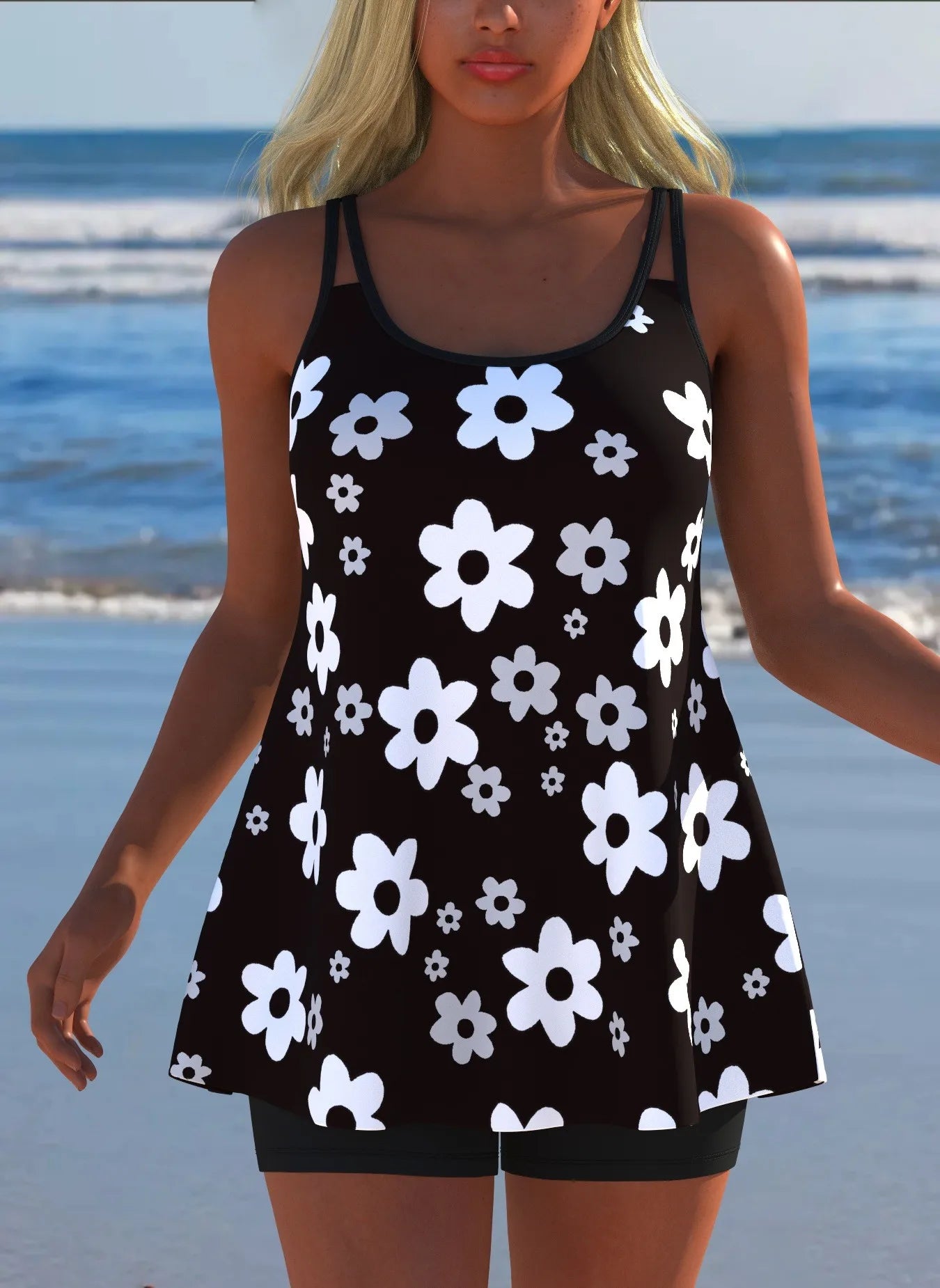 Black White Print Tankini Sleeveless Flared Hem Tankini Top High Stretch Swim Tank Gradient Adjustable Straps Two Piece Swim Top