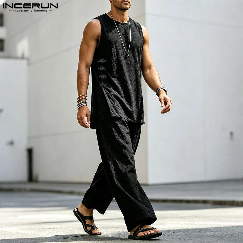 INCERUN Men's Sets Solid Vintage Streetwear Loose Sleeveless Tank Tops Pants Two Piece Sets 2026 Summer Casual Men Matching Sets