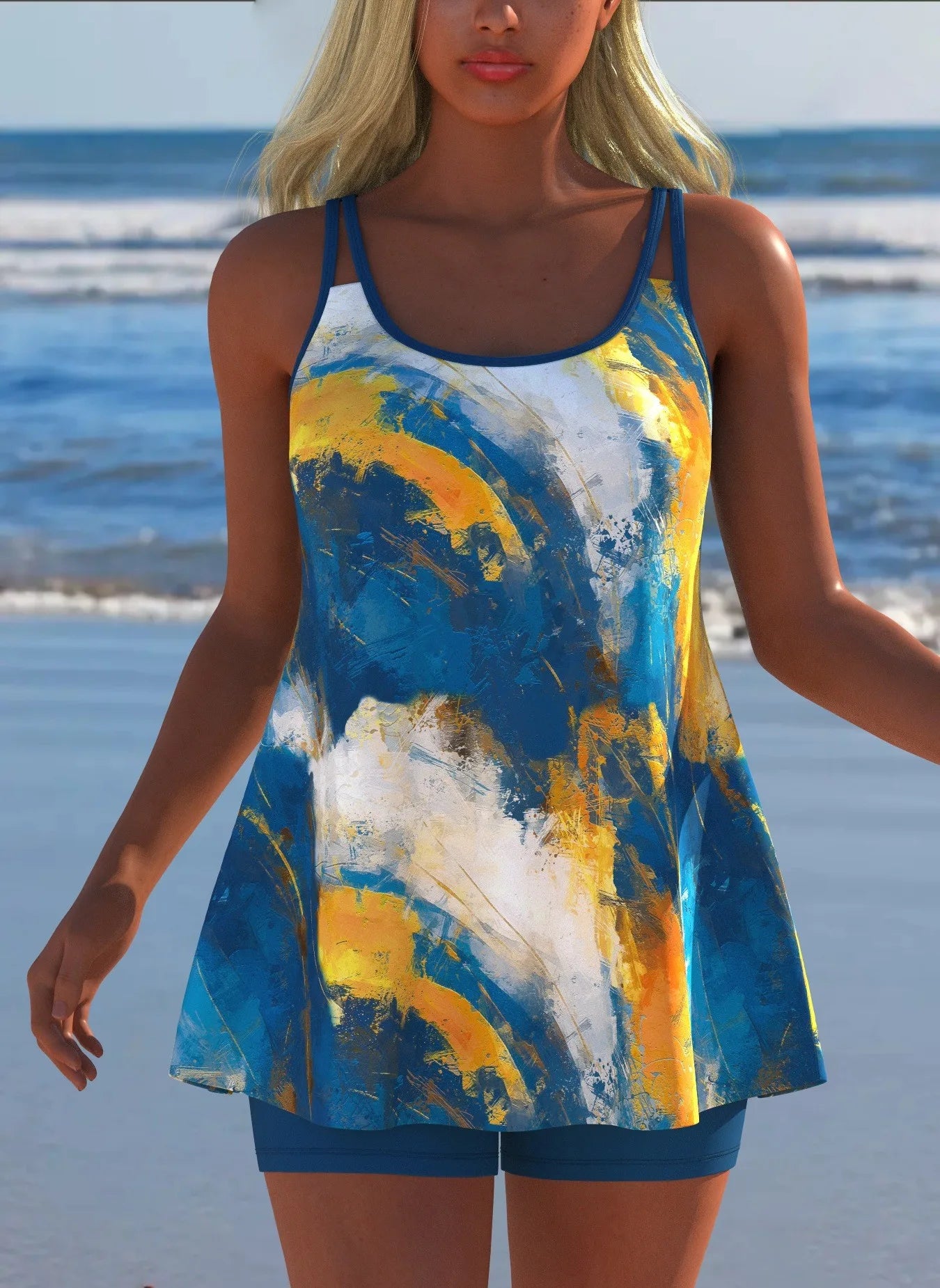 Black White Print Tankini Sleeveless Flared Hem Tankini Top High Stretch Swim Tank Gradient Adjustable Straps Two Piece Swim Top