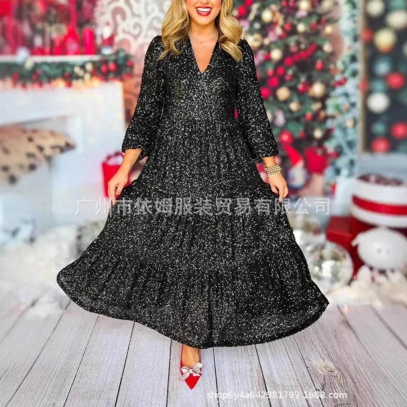 Vneck Long-sleeved Hem A-shaped Printing Loose Formal Party Frauen Bekleidung Lange Kleider Vestidos Para Mujer Elegantes