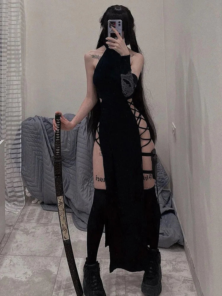Hohe Split Sexy Verband Frauen Kleider Y2K Mall Gothic Halter Schlank Midi Kleid Schwarz Grunge Stil Alt party