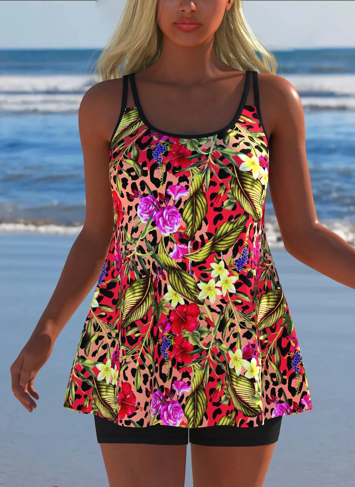 Black White Print Tankini Sleeveless Flared Hem Tankini Top High Stretch Swim Tank Gradient Adjustable Straps Two Piece Swim Top