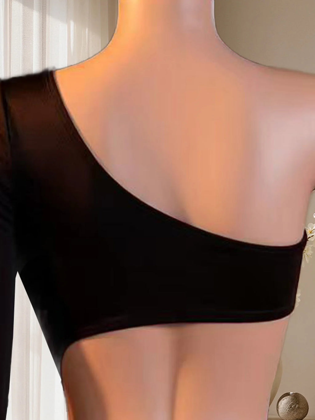 Women One Shoulder Long Sleeve Bodysuit Backless Double Waist Hollow Out Slim Sexy Lingerie Nightwear For Dating, Fit 88-132 Lbs