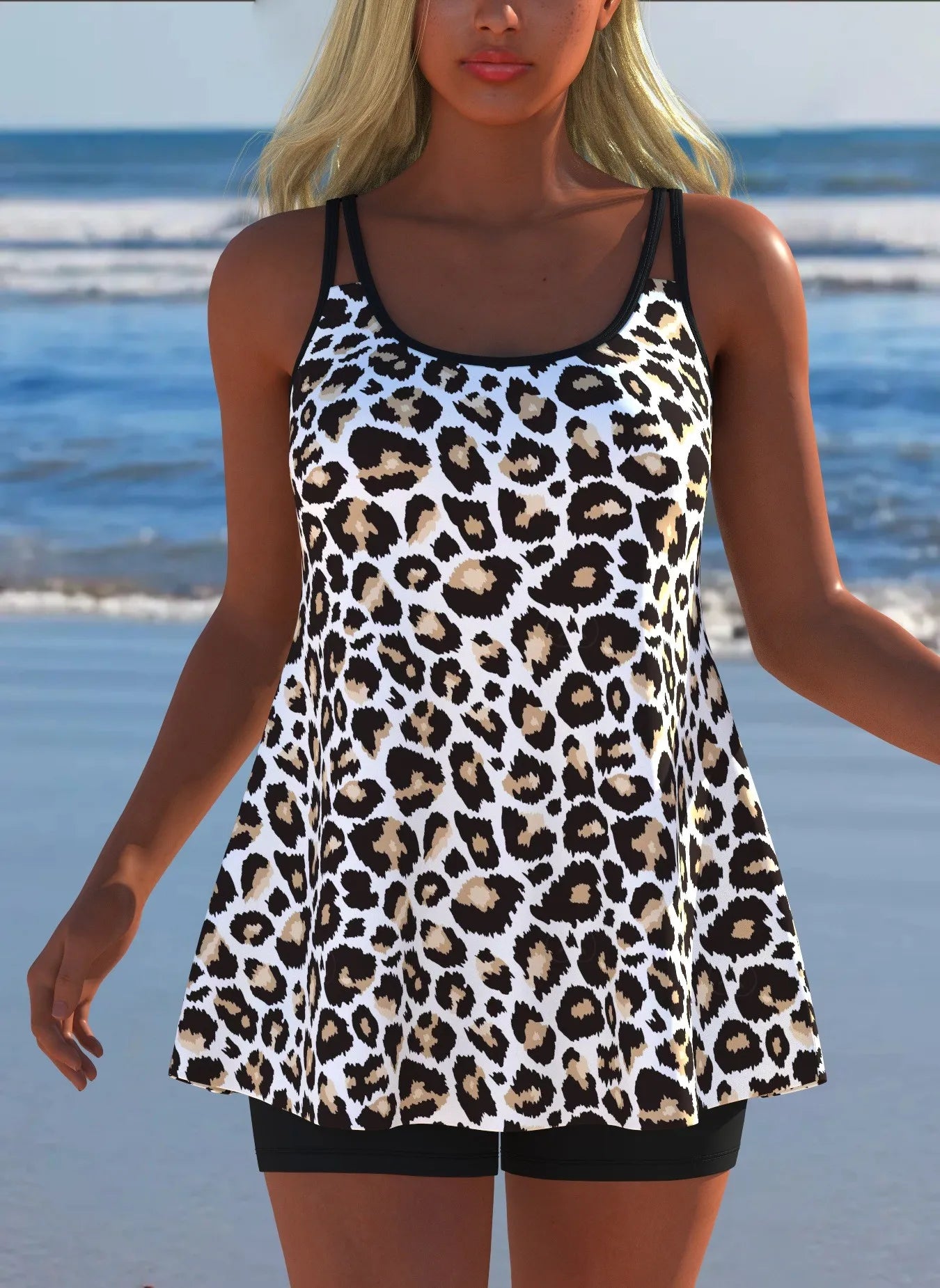 Black White Print Tankini Sleeveless Flared Hem Tankini Top High Stretch Swim Tank Gradient Adjustable Straps Two Piece Swim Top