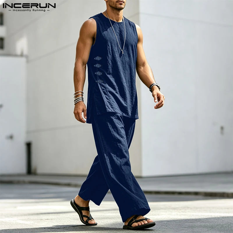 INCERUN Men's Sets Solid Vintage Streetwear Loose Sleeveless Tank Tops Pants Two Piece Sets 2026 Summer Casual Men Matching Sets