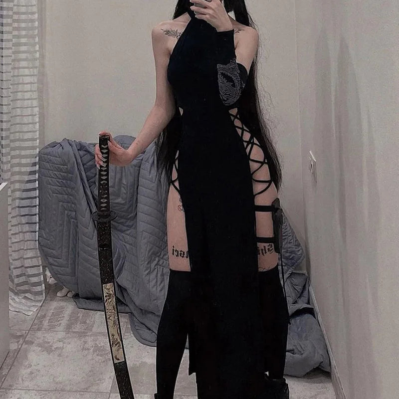Hohe Split Sexy Verband Frauen Kleider Y2K Mall Gothic Halter Schlank Midi Kleid Schwarz Grunge Stil Alt party