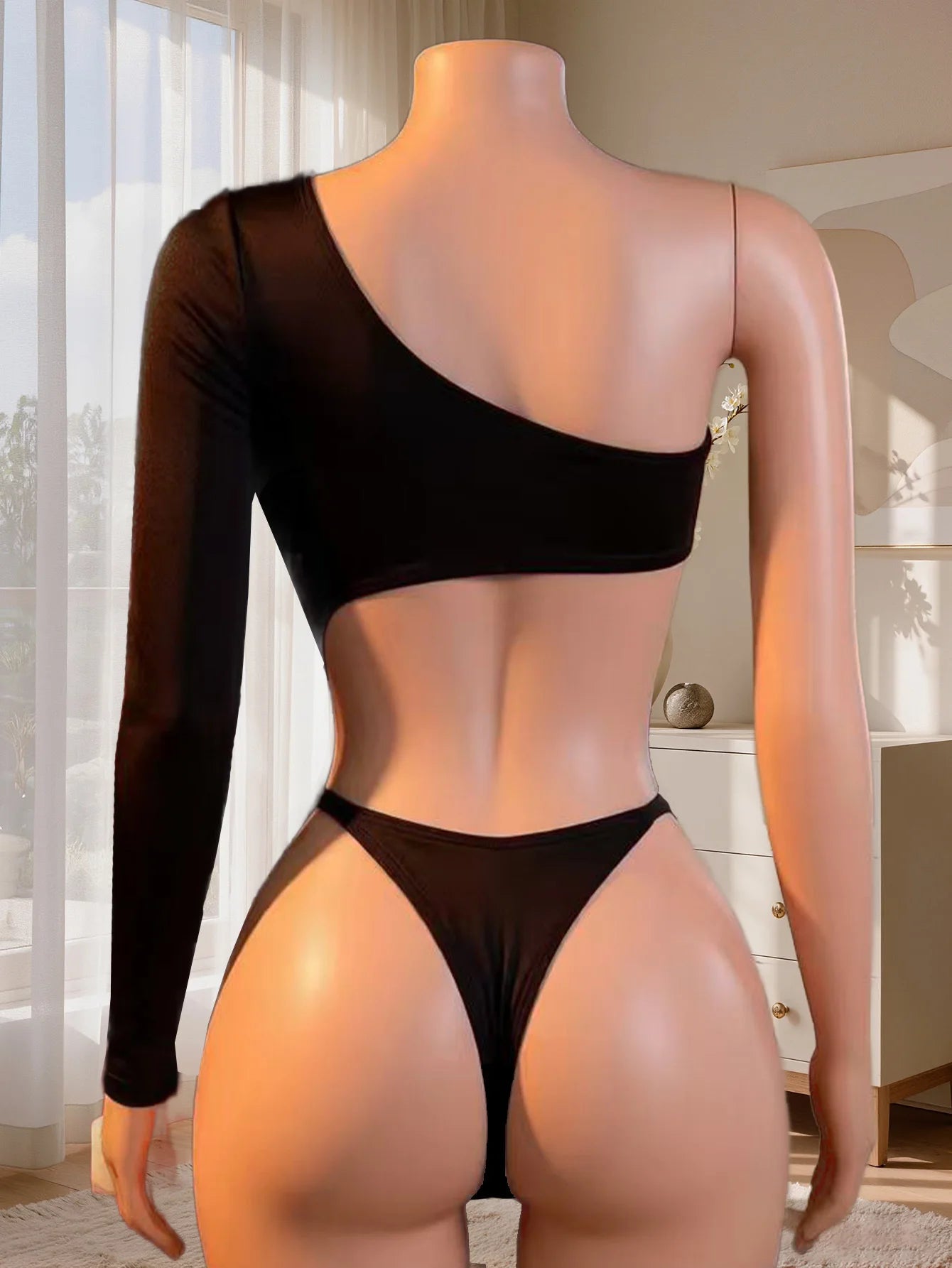 Women One Shoulder Long Sleeve Bodysuit Backless Double Waist Hollow Out Slim Sexy Lingerie Nightwear For Dating, Fit 88-132 Lbs